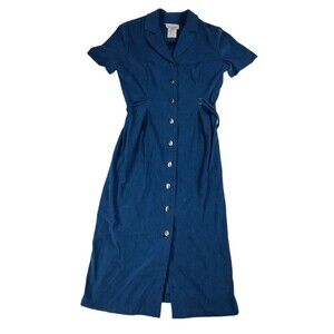 VTG Miss Dorby Womens Size 10 Dress Blue Midi Button Up V Neck Short Sleeve